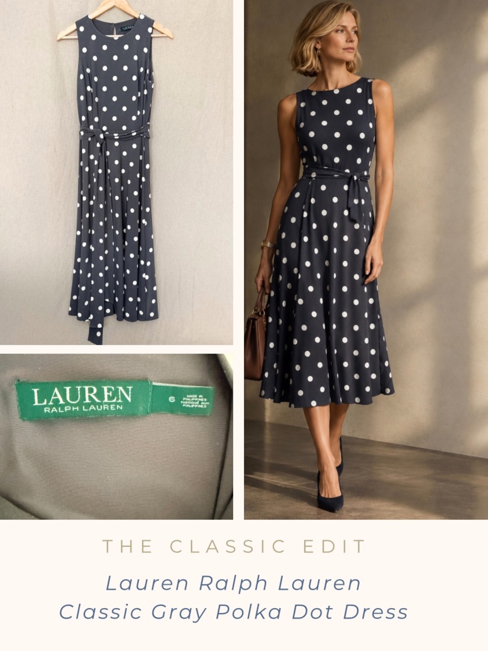 Lauren Ralph Lauren Gray Polka Dot Sleeveless Midi Dress | Timeless Classic
